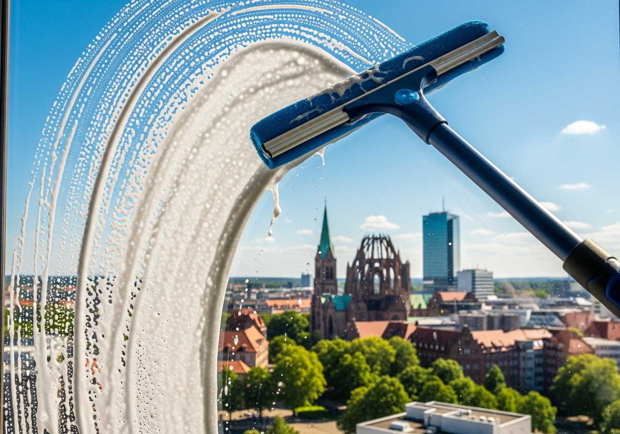 Streifenfreie Fensterreinigung mit Hannover-Skyline im Hintergrund